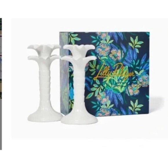 LILLY PULITZER Resort White Palm Tree Ceramic Candlesticks NEW NIB - Picture 2 of 3